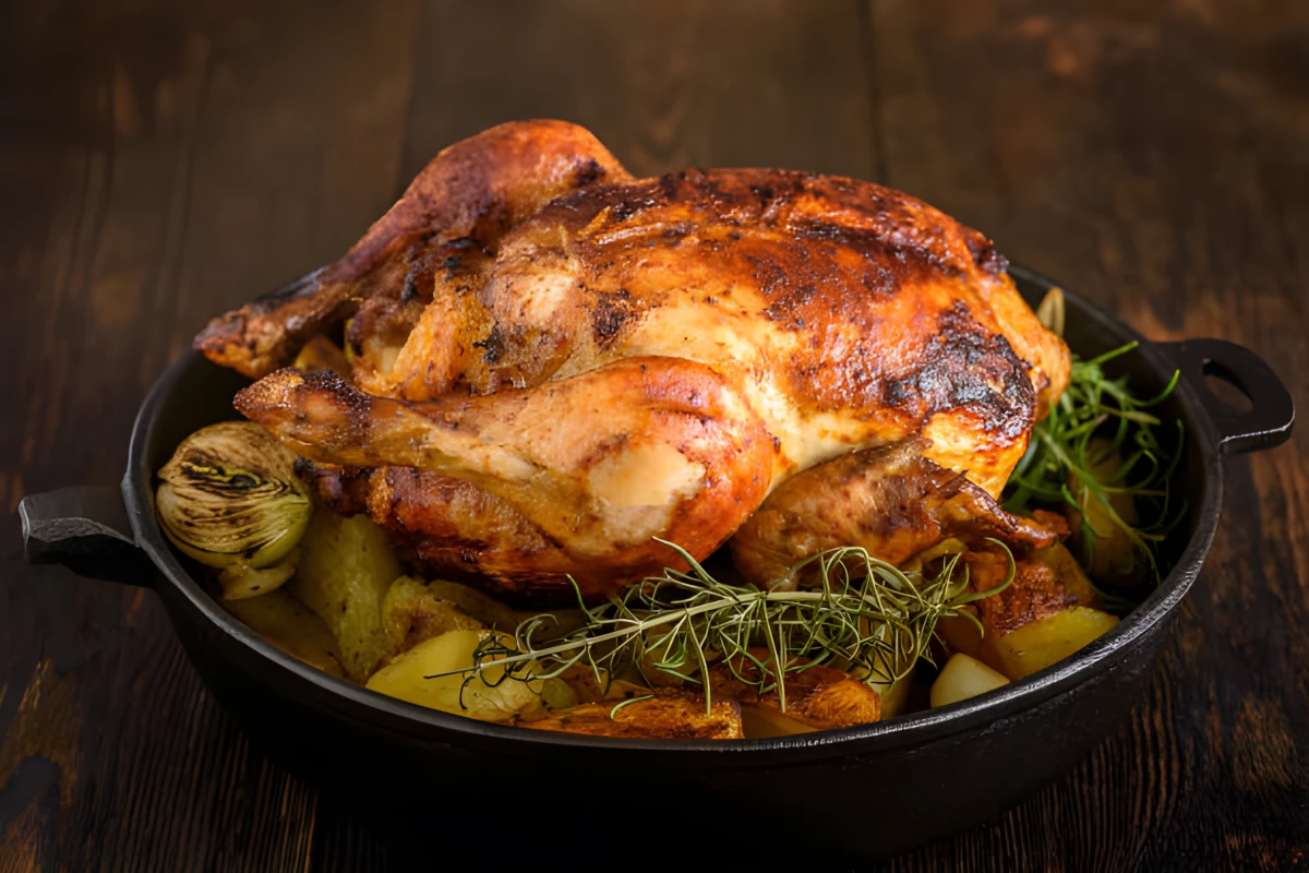 Poulet rôti pommes de terre/oignons