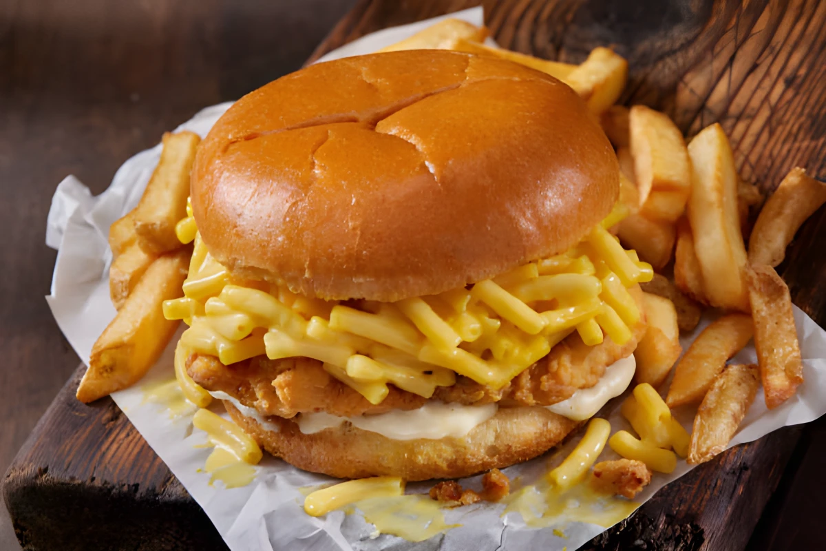 Burger poulet frit et macaroni