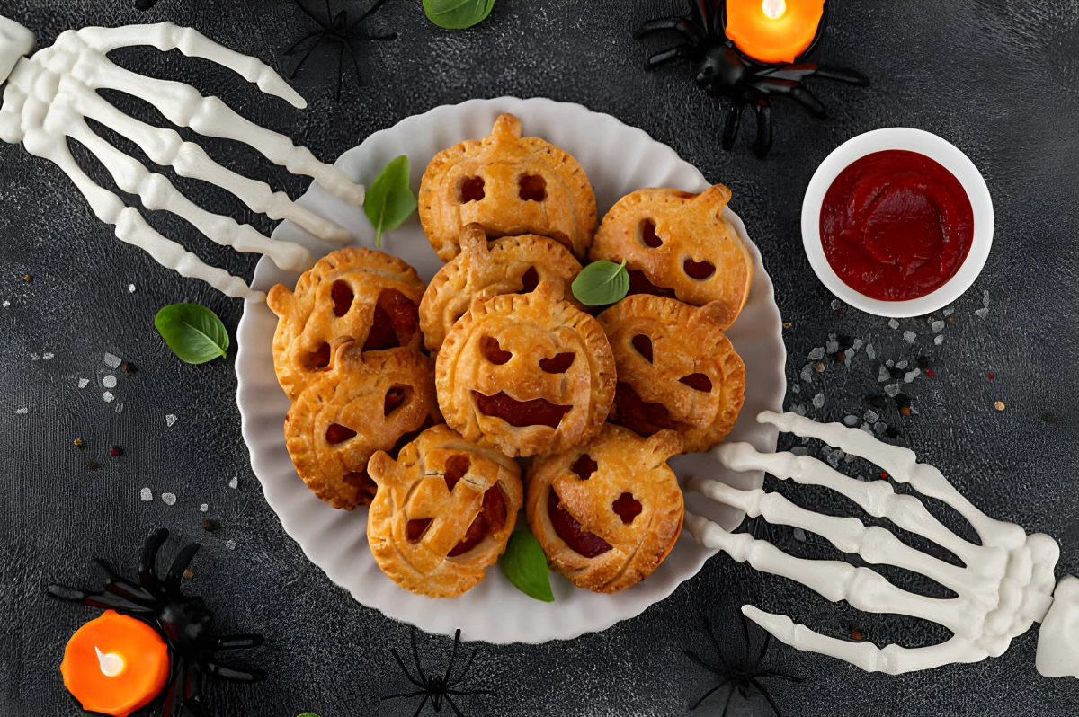 Mini tartes d’Halloween avec sauce tomate, saucisse et fromage