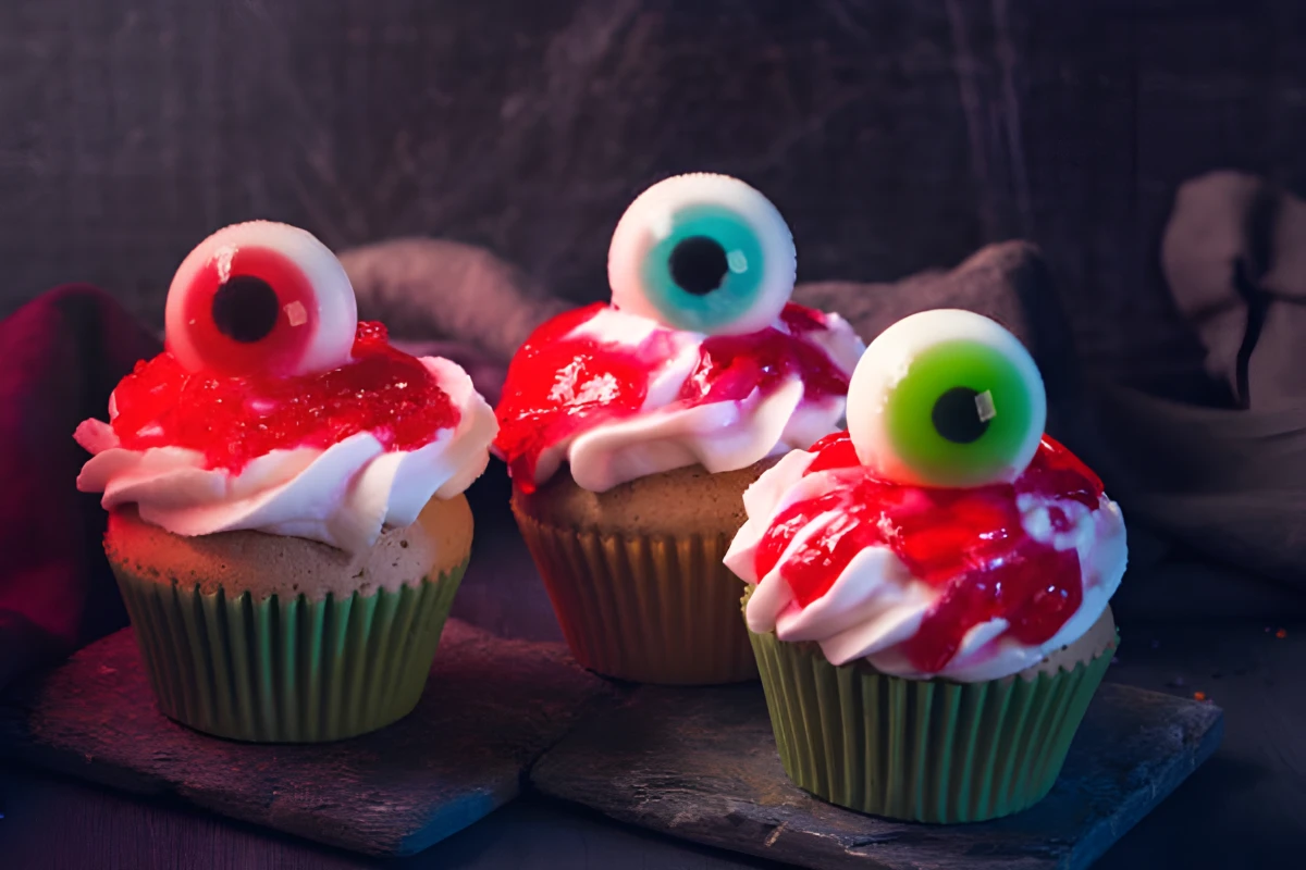 Trois muffins d'Halloween dans des caissettes vertes surmontés de chantilly blanche, coulis rouge et bonbons en forme d'yeux
