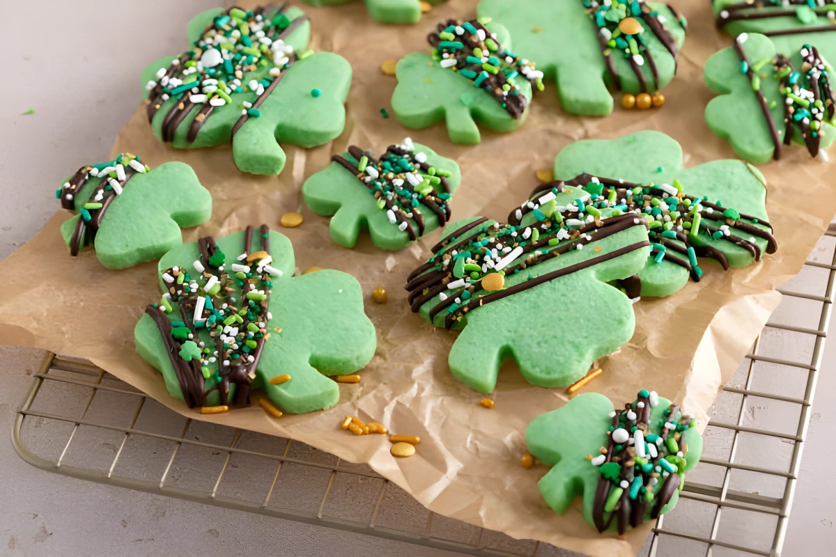 Biscuits sablés verts en forme de trèfle décorés de filets de chocolat noir fondu et de vermicelles colorés sur papier cuisson